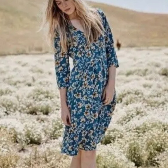 Amour Vert Blue Floral 100% Silk Long Sleeve Sheath Dress X-Small - Picture 1 of 7
